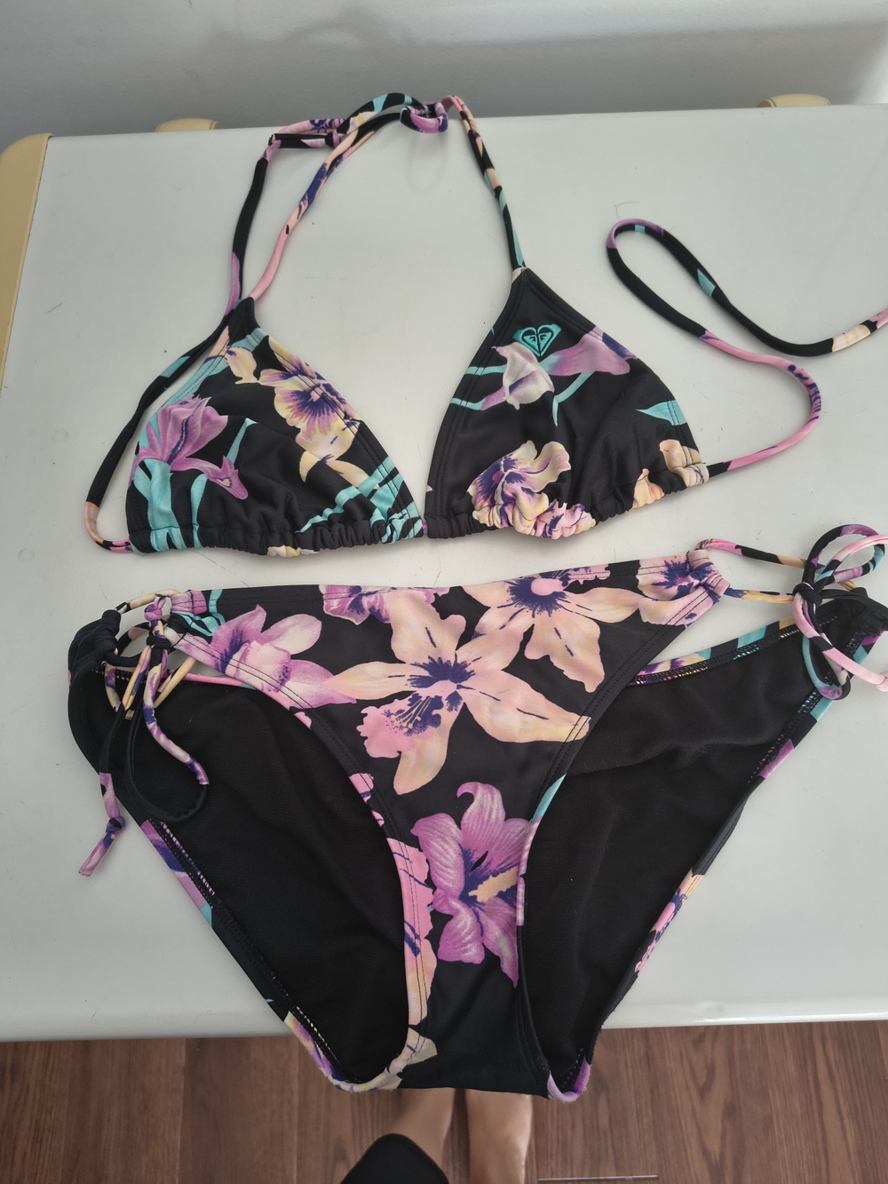 Roxy Black Triangle Bikini with Pink and Purple Floral Print